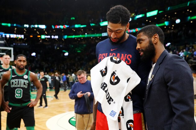 BOSTON, MA - DECEMBER 10: Kyrie Irving #11 of the Boston Celtics and Anthony Davis #23 of the New Orleans Pelicans talk after the game between the Celtics and Pelicans at TD Garden on December 10, 2018 in Boston, Massachusetts. (Photo by Maddie Meyer/Getty Images)