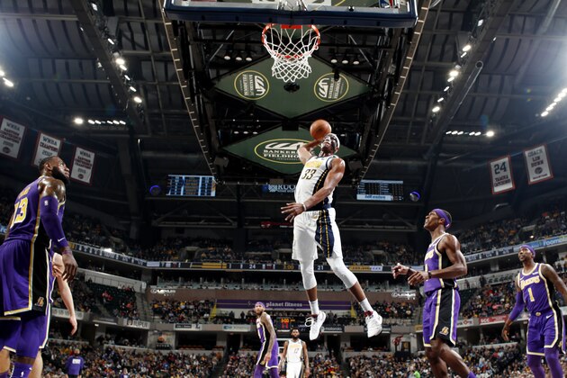 INDIANAPOLIS, IN - FEBRUARY 5:  Myles Turner #33 of the Indiana Pacers dunks the ball against the Los Angeles Lakers on February 5, 2019 at Bankers Life Fieldhouse in Indianapolis, Indiana. NOTE TO USER: User expressly acknowledges and agrees that, by downloading and or using this Photograph, user is consenting to the terms and conditions of the Getty Images License Agreement. Mandatory Copyright Notice: Copyright 2019 NBAE (Photo by Jeff Haynes/NBAE via Getty Images)