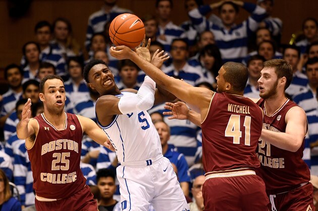 DURHAM, NORTH CAROLINA - FEBRUARY 05: RJ Barrett #5 of the Duke Blue Devils battles Jordan Chatman #25, Steffon Mitchell #41 and Nik Popovic #21 of the Boston College Eagles for a rebound during the first half of their game at Cameron Indoor Stadium on February 05, 2019 in Durham, North Carolina. (Photo by Grant Halverson/Getty Images)
