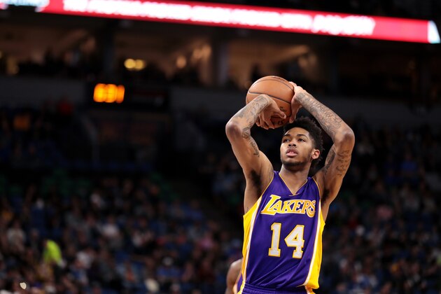 MINNEAPOLIS, MN - NOVEMBER 13: Brandon Ingram #14 of the Los Angeles Lakers shoots a free throw during the game against the Minnesota Timberwolves on November 13, 2016 at Target Center in Minneapolis, Minnesota. NOTE TO USER: User expressly acknowledges and agrees that, by downloading and or using this Photograph, user is consenting to the terms and conditions of the Getty Images License Agreement. Mandatory Copyright Notice: Copyright 2016 NBAE (Photo by Jordan Johnson/NBAE via Getty Images)