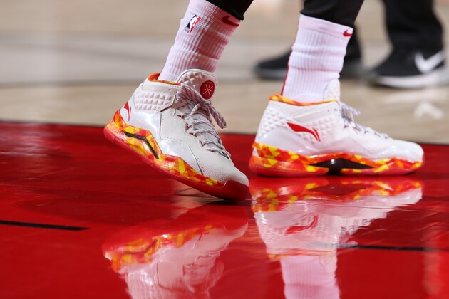 PORTLAND, OR - FEBRUARY 5:  Sneakers of Dwyane Wade #3 of the Miami Heat on Febuary 5, 2019 at the Moda Center Arena in Portland, Oregon. NOTE TO USER: User expressly acknowledges and agrees that, by downloading and or using this photograph, user is consenting to the terms and conditions of the Getty Images License Agreement. Mandatory Copyright Notice: Copyright 2019 NBAE (Photo by Sam Forencich/NBAE via Getty Images)