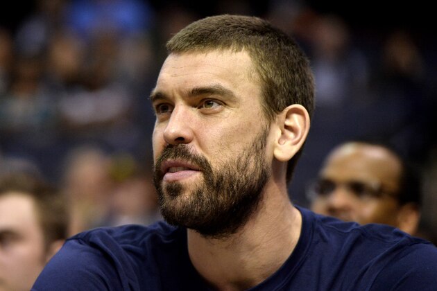Memphis Grizzlies center Marc Gasol (33) looks on from the bench in the first half of an NBA basketball game against the Minnesota Timberwolves Tuesday, Feb. 5, 2019, in Memphis, Tenn. (AP Photo/Brandon Dill)
