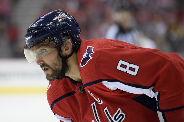 Washington Capitals left wing Alex Ovechkin (8), of Russia, stands on the ice during the second period of an NHL hockey game against the Boston Bruins, Sunday, Feb. 3, 2019, in Washington. (AP Photo/Nick Wass)
