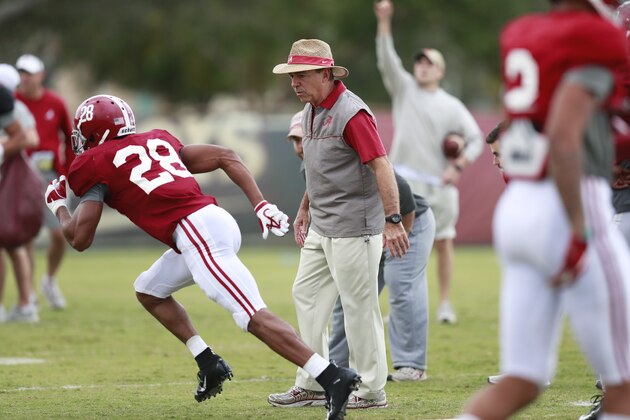 Alabama head coach Nick Saban coaches Alabama defensive back Josh Jobe during an NCAA college football practice on Wednesday, Dec. 26, 2018, in Miami Shores, Fla. Alabama plays Oklahoma in the Orange Bowl on Dec. 29. (AP Photo/Brynn Anderson)