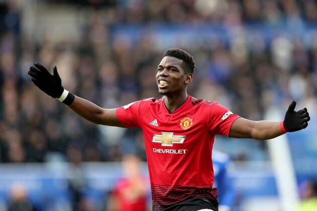 LEICESTER, ENGLAND - FEBRUARY 03:  Paul Pogba of Manchester United reacts during the Premier League match between Leicester City and Manchester United at The King Power Stadium on February 03, 2019 in Leicester, United Kingdom. (Photo by Malcolm Couzens/Getty Images)