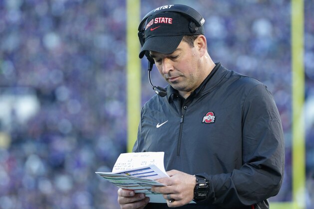 PASADENA, CA - JANUARY 01:  Ohio State Buckeyes offensive coordinator Ryan Day looks at notes during the Rose Bowl Game presented by Northwestern Mutual at the Rose Bowl on January 1, 2019 in Pasadena, California.  (Photo by Jeff Gross/Getty Images)