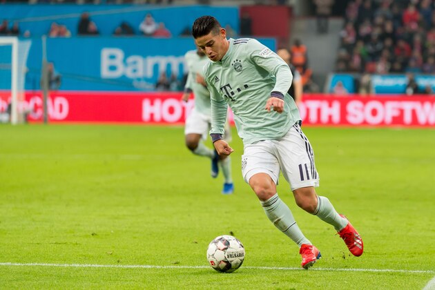 LEVERKUSEN, GERMANY - FEBRUARY 02: James Rodriguez of Bayern Muenchen controls the ball during the Bundesliga match between Bayer 04 Leverkusen and FC Bayern Muenchen at BayArena on February 2, 2019 in Leverkusen, Germany. (Photo by TF-Images/TF-Images via Getty Images)
