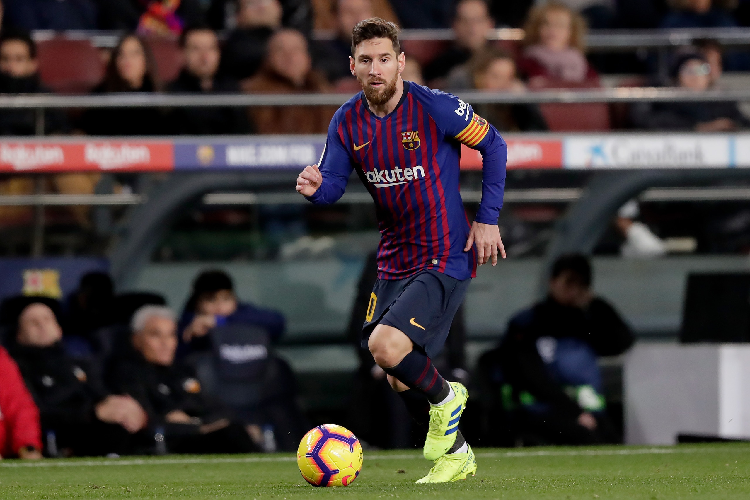 BARCELONA, SPAIN - FEBRUARY 2: Lionel Messi of FC Barcelona  during the La Liga Santander  match between FC Barcelona v Valencia at the Camp Nou on February 2, 2019 in Barcelona Spain (Photo by David S. Bustamante/Soccrates/Getty Images)