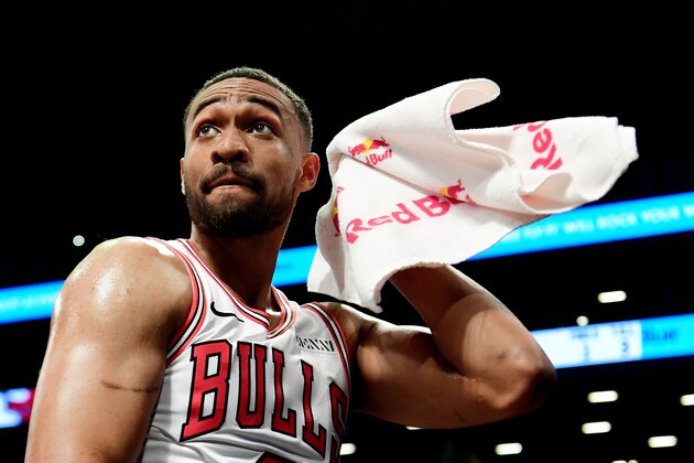 NEW YORK, NEW YORK - JANUARY 29: Jabari Parker #2 of the Chicago Bulls wipes the sweat off during a timeout in the game against the Brooklyn Nets at Barclays Center on January 29, 2019 in the Brooklyn borough of New York City. NOTE TO USER: User expressly acknowledges and agrees that, by downloading and or using this photograph, User is consenting to the terms and conditions of the Getty Images License Agreement. (Photo by Sarah Stier/Getty Images)