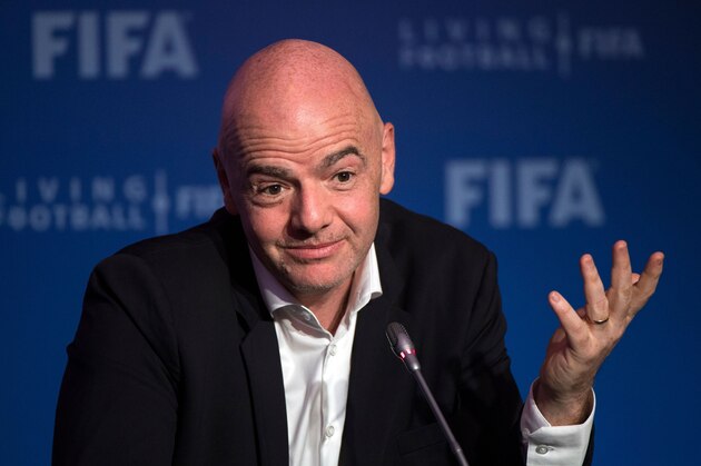 FIFA President Gianni Infantino gives a press conference during the FIFA Executive Football Summit in the central Moroccan city of Marrakesh on January 17, 2019. - FIFA is still in the process of studying the possibility of expanding the 2022 FIFA World Cup to 48 teams, Infantino said on January 19, referring to the possibility of 'playing a few matches in neighbouring countries.' (Photo by FADEL SENNA / AFP)        (Photo credit should read FADEL SENNA/AFP/Getty Images)