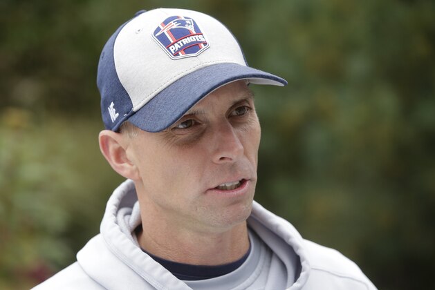 New England Patriots wide receivers coach Chad O'Shea speaks with reporters before an NFL football practice, Thursday, Nov. 1, 2018, in Foxborough, Mass. (AP Photo/Steven Senne)