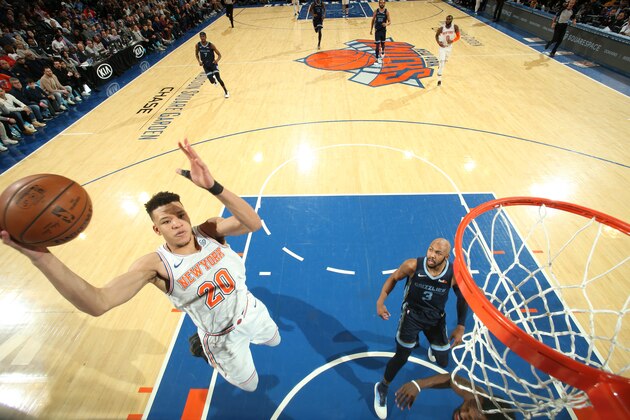 NEW YORK, NY - FEBRUARY 3: Kevin Knox #20 of the New York Knicks goes up for shot against the Memphis Grizzlies on February 3, 2019 at Madison Square Garden in New York City, New York.  NOTE TO USER: User expressly acknowledges and agrees that, by downloading and or using this photograph, User is consenting to the terms and conditions of the Getty Images License Agreement. Mandatory Copyright Notice: Copyright 2019 NBAE  (Photo by Nathaniel S. Butler/NBAE via Getty Images)