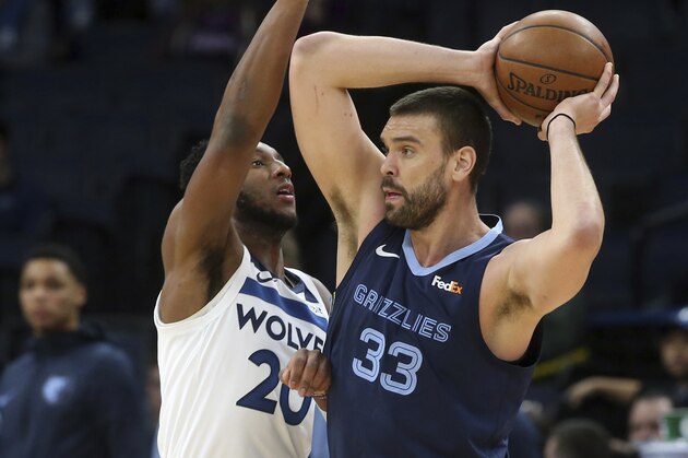 Memphis Grizzlies' Marc Gasol, right, looks for help as Minnesota Timberwolves' Josh Okogie defends during the first half of an NBA basketball game Wednesday, Jan. 30, 2019, in Minneapolis. (AP Photo/Jim Mone)