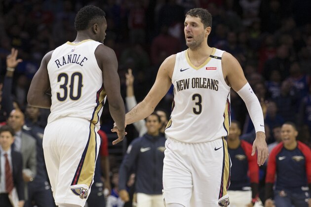 PHILADELPHIA, PA - NOVEMBER 21: Julius Randle #30 of the New Orleans Pelicans celebrates with Nikola Mirotic #3 against the Philadelphia 76ers at the Wells Fargo Center on November 21, 2018 in Philadelphia, Pennsylvania. NOTE TO USER: User expressly acknowledges and agrees that, by downloading and or using this photograph, User is consenting to the terms and conditions of the Getty Images License Agreement. (Photo by Mitchell Leff/Getty Images)