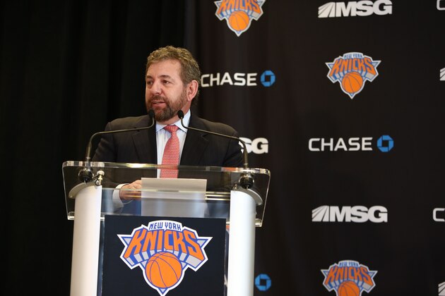 NEW YORK, NY - MARCH 18:   James Dolan owner of the New York Knicks during the press conference announcing Phil Jackson as the New York Knicks president at Madison Square Garden in New York. NOTE TO USER: User expressly acknowledges and agrees that, by downloading and or using this photograph, User is consenting to the terms and conditions of the Getty Images License Agreement. Mandatory Copyright Notice: Copyright 2014 NBAE (Photo by Nathaniel S. Butler/NBAE via Getty Images)
