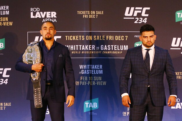MELBOURNE, AUSTRALIA - DECEMBER 03: Robert Whittaker of Australia, UFC middleweight champion, poses with Kelvin Gastelum of the USA (R) during a UFC press conference at Melbourne Arena on December 03, 2018 in Melbourne, Australia. (Photo by Michael Dodge/Zuffa LLC/Zuffa LLC)