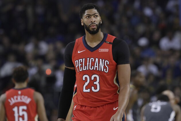 New Orleans Pelicans forward Anthony Davis against the Golden State Warriors during an NBA basketball game in Oakland, Calif., Wednesday, Oct. 31, 2018. (AP Photo/Jeff Chiu)