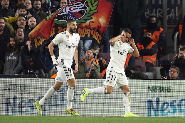 BARCELONA, SPAIN - FEBRUARY 06: Lucas Vazquez of Real Madrid celebrates after scoring his team's first goal during the Copa del Rey Semi Final first leg match between FC Barcelona and Real Madrid at Nou Camp on February 06, 2019 in Barcelona, Spain. (Photo by Quality Sport Images/Getty Images)