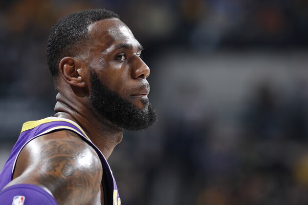 INDIANAPOLIS, IN - FEBRUARY 05: LeBron James #23 of the Los Angeles Lakers looks on against the Indiana Pacers in the first half of the game at Bankers Life Fieldhouse on February 5, 2019 in Indianapolis, Indiana. The Pacers won 136-94. NOTE TO USER: User expressly acknowledges and agrees that, by downloading and or using the photograph, User is consenting to the terms and conditions of the Getty Images License Agreement. (Photo by Joe Robbins/Getty Images)