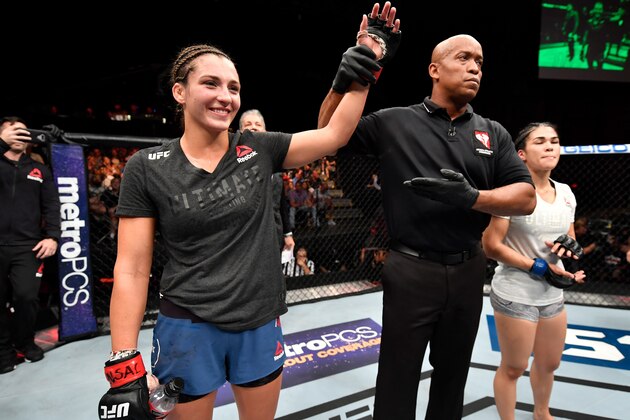 LAS VEGAS, NV - JULY 06:  Montana De La Rosa reacts after her submission victory over Rachael Ostovich in their women's flyweight bout during The Ultimate Fighter Finale event inside The Pearl concert theater at Palms Casino Resort on July 6, 2018 in Las Vegas, Nevada. (Photo by Jeff Bottari/Zuffa LLC/Zuffa LLC via Getty Images)