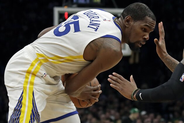 Golden State Warriors forward Kevin Durant (35) looks to make a move in the second half of an NBA basketball game against the Boston Celtics, Saturday, Jan. 26, 2019, in Boston. The Warriors won 115-111. (AP Photo/Elise Amendola)