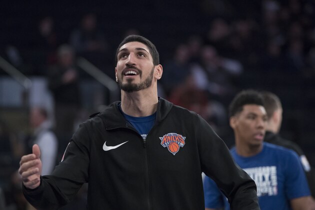 New York Knicks center Enes Kanter warms up before the start of an NBA basketball game against the Boston Celtics, Friday, Feb. 1, 2019, at Madison Square Garden in New York. (AP Photo/Mary Altaffer)