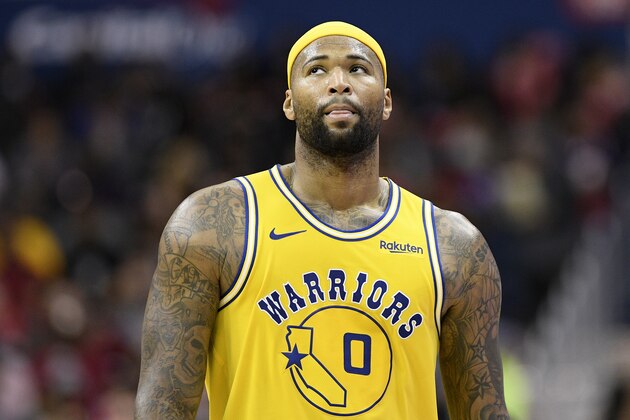 Golden State Warriors center DeMarcus Cousins (0) stands on the court during the second half of an NBA basketball game against the Washington Wizards, Thursday, Jan. 24, 2019, in Washington. The Warriors won 126-118. (AP Photo/Nick Wass)