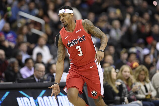 Washington Wizards guard Bradley Beal gestures after a basket during the second half of an NBA basketball game against the Indiana Pacers, Wednesday, Jan. 30, 2019, in Washington. The Wizards won 107-89. (AP Photo/Nick Wass)