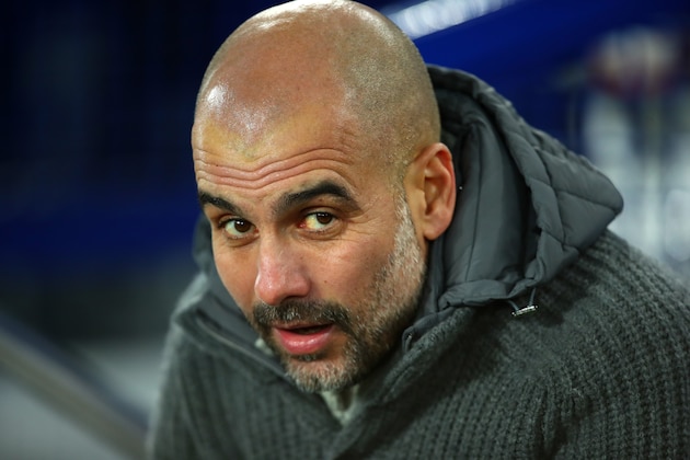 LIVERPOOL, ENGLAND - FEBRUARY 06: Pep Guardiola the head coach / manager of Manchester City during the Premier League match between Everton FC and Manchester City at Goodison Park on February 6, 2019 in Liverpool, United Kingdom. (Photo by Robbie Jay Barratt - AMA/Getty Images)