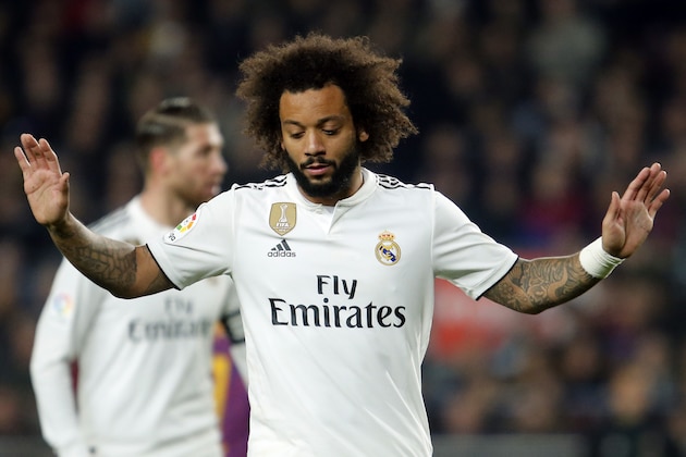 Real Madrid's Brazilian defender Marcelo gestures during the Spanish Copa del Rey (King's Cup) semi-final first leg football match between FC Barcelona and Real Madrid CF at the Camp Nou stadium in Barcelona on February 6, 2019. (Photo by Pau Barrena / AFP)        (Photo credit should read PAU BARRENA/AFP/Getty Images)