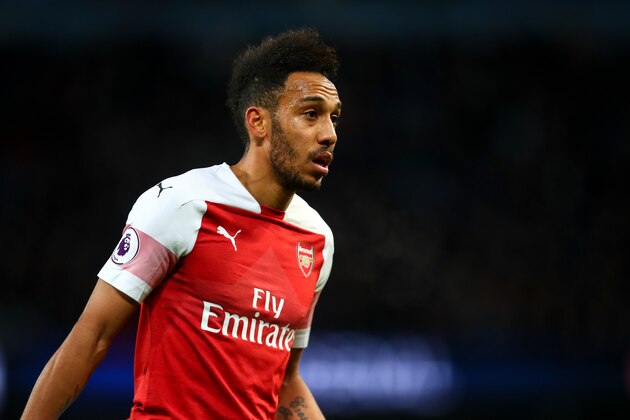 MANCHESTER, ENGLAND - FEBRUARY 03: Pierre-Emerick Aubameyang of Arsenal during the Premier League match between Manchester City and Arsenal FC at Etihad Stadium on February 3, 2019 in Manchester, United Kingdom. (Photo by Robbie Jay Barratt - AMA/Getty Images)