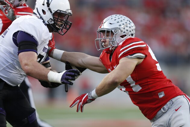 Ohio State defensive end Nick Bosa plays against Northwestern during an NCAA college football game Saturday, Oct. 29, 2016, in Columbus, Ohio. (AP Photo/Jay LaPrete)