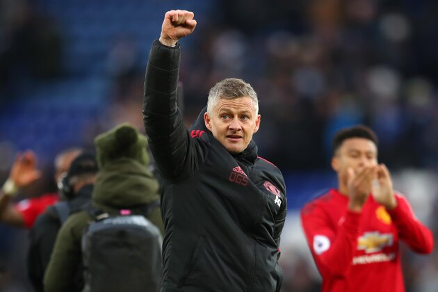 LEICESTER, ENGLAND - FEBRUARY 03:  Ole Gunnar Solskjaer, Interim Manager of Manchester United celebrates victory following the Premier League match between Leicester City and Manchester United at The King Power Stadium on February 3, 2019 in Leicester, United Kingdom.  (Photo by Catherine Ivill/Getty Images)