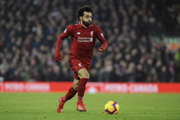 Liverpool's Mohamed Salah during the English Premier League soccer match between Liverpool and Crystal Palace at Anfield in Liverpool, England, Saturday, Jan. 19, 2019. (AP Photo/Rui Vieira)