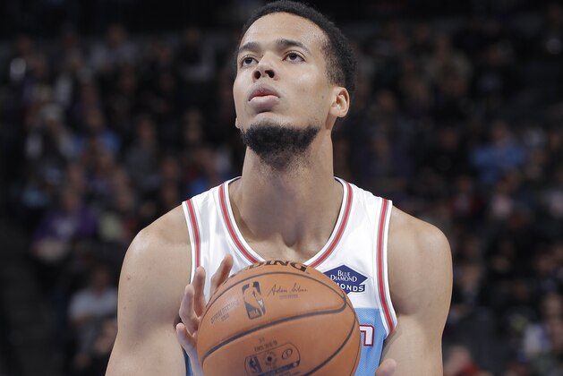 SACRAMENTO, CA - DECEMBER 19: Skal Labissiere #7 of the Sacramento Kings attempts a free-throw shot against the Oklahoma City Thunder on December 19, 2018 at Golden 1 Center in Sacramento, California. NOTE TO USER: User expressly acknowledges and agrees that, by downloading and or using this photograph, User is consenting to the terms and conditions of the Getty Images Agreement. Mandatory Copyright Notice: Copyright 2018 NBAE (Photo by Rocky Widner/NBAE via Getty Images)