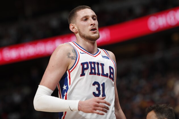 Philadelphia 76ers forward Mike Muscala (31) in the second half of an NBA basketball game Saturday, Jan. 26, 2019, in Denver. The Nuggets won 126-110. (AP Photo/David Zalubowski)