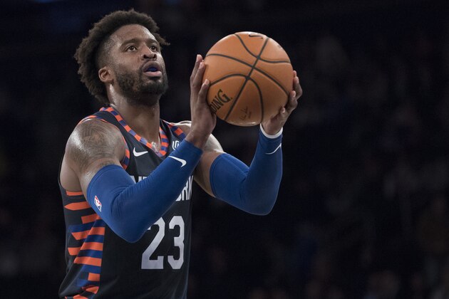 New York Knicks guard Wesley Matthews shoot a free throw during the second half of an NBA basketball game against the Detroit Pistons, Tuesday, Feb. 5, 2019, at Madison Square Garden in New York. The Pistons won 105-92. (AP Photo/Mary Altaffer)