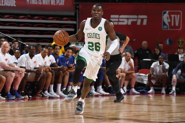 LAS VEGAS, NV - JULY 12:  Jabari Bird #26 of the Boston Celtics handles the ball against the New York Knicks during the 2018 Las Vegas Summer League on July 12, 2018 at the Thomas & Mack Center in Las Vegas, Nevada. NOTE TO USER: User expressly acknowledges and agrees that, by downloading and/or using this Photograph, user is consenting to the terms and conditions of the Getty Images License Agreement. Mandatory Copyright Notice: Copyright 2018 NBAE (Photo by Garrett Ellwood/NBAE via Getty Images)