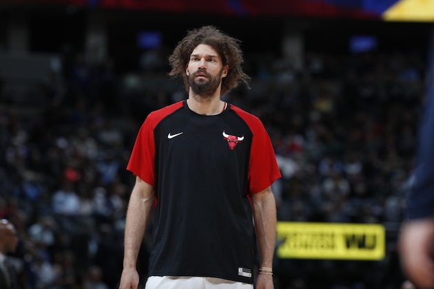 Chicago Bulls center Robin Lopez (42) in the second half of an NBA basketball game Thursday, Jan. 17, 2019, in Denver. The Nuggets won 135-105. (AP Photo/David Zalubowski)