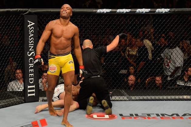LAS VEGAS, NV - JULY 7:   Anderson Silva reacts after knocking out Chael Sonnen during their UFC middleweight championship bout at UFC 148 inside MGM Grand Garden Arena on July 7, 2012 in Las Vegas, Nevada.  (Photo by Donald Miralle/Zuffa LLC/Zuffa LLC via Getty Images)