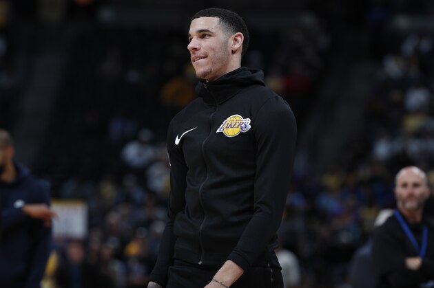 Los Angeles Lakers guard Lonzo Ball (2) in the first half of an NBA basketball game Tuesday, Nov. 27, 2018, in Denver. (AP Photo/David Zalubowski)