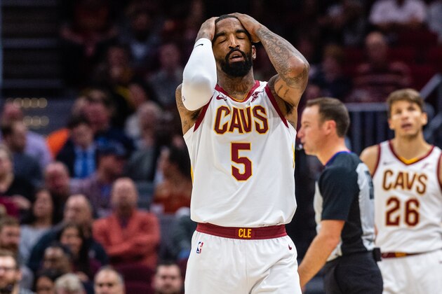 CLEVELAND, OH - NOVEMBER 7: JR Smith #5 of the Cleveland Cavaliers reacts after missing a shot during the first half against the Oklahoma City Thunder at Quicken Loans Arena on November 7, 2018 in Cleveland, Ohio. NOTE TO USER: User expressly acknowledges and agrees that, by downloading and/or using this photograph, user is consenting to the terms and conditions of the Getty Images License Agreement. (Photo by Jason Miller/Getty Images)