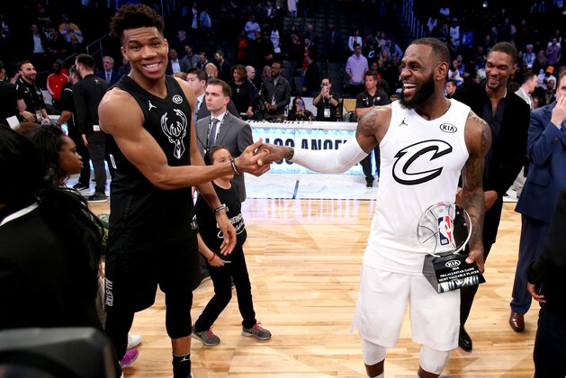 LOS ANGELES, CA - FEBRUARY 18:  LeBron James #23 of Team LeBron and Giannis Antetokounmpo #34 of Team Stephen after the NBA All-Star Game as a part of 2018 NBA All-Star Weekend at STAPLES Center on February 18, 2018 in Los Angeles, California. NOTE TO USER: User expressly acknowledges and agrees that, by downloading and/or using this photograph, user is consenting to the terms and conditions of the Getty Images License Agreement.  Mandatory Copyright Notice: Copyright 2018 NBAE (Photo by Nathaniel S. Butler/NBAE via Getty Images)