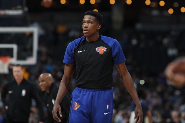 New York Knicks guard Frank Ntilikina (11) in the first half of an NBA basketball game Tuesday, Jan. 1, 2019, in Denver. (AP Photo/David Zalubowski)