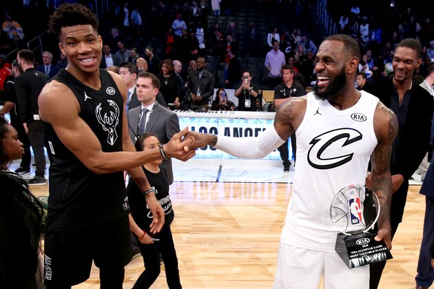 LOS ANGELES, CA - FEBRUARY 18:  LeBron James #23 of Team LeBron and Giannis Antetokounmpo #34 of Team Stephen after the NBA All-Star Game as a part of 2018 NBA All-Star Weekend at STAPLES Center on February 18, 2018 in Los Angeles, California. NOTE TO USER: User expressly acknowledges and agrees that, by downloading and/or using this photograph, user is consenting to the terms and conditions of the Getty Images License Agreement.  Mandatory Copyright Notice: Copyright 2018 NBAE (Photo by Nathaniel S. Butler/NBAE via Getty Images)