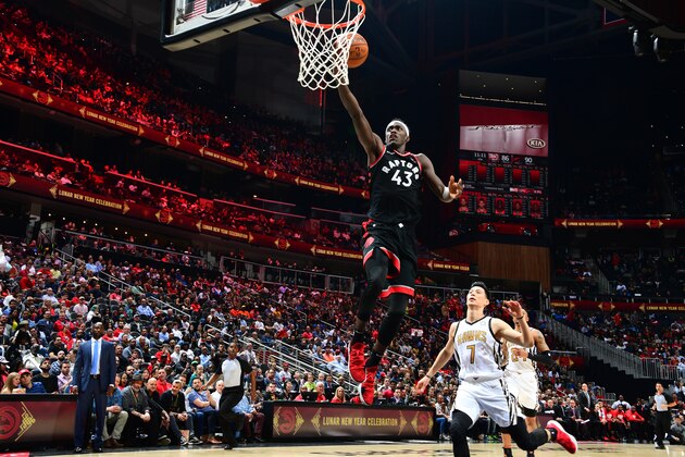ATLANTA, GA - FEBRUARY 7: Pascal Siakam #43 of the Toronto Raptors goes up for dunk against the Atlanta Hawks on February 7, 2019 at State Farm Arena in Atlanta, Georgia.  NOTE TO USER: User expressly acknowledges and agrees that, by downloading and/or using this Photograph, user is consenting to the terms and conditions of the Getty Images License Agreement. Mandatory Copyright Notice: Copyright 2019 NBAE (Photo by Scott Cunningham/NBAE via Getty Images)
