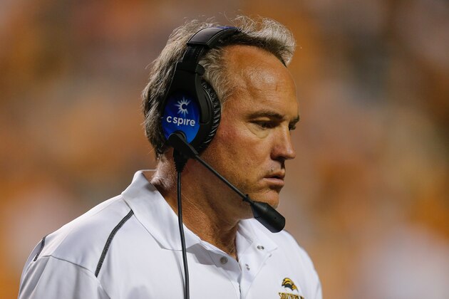 KNOXVILLE, TN - NOVEMBER 04:  Head coach Jay Hopson of the Southern Miss Golden Eagles looks on against the Tennessee Volunteers at Neyland Stadium on November 4, 2017 in Knoxville, Tennessee.  (Photo by Michael Reaves/Getty Images)