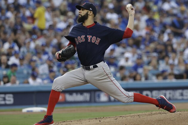 Boston Red Sox pitcher David Price pitches during the first inning in Game 5 of the World Series baseball game on Sunday, Oct. 28, 2018, in Los Angeles. (AP Photo/David J. Phillip)