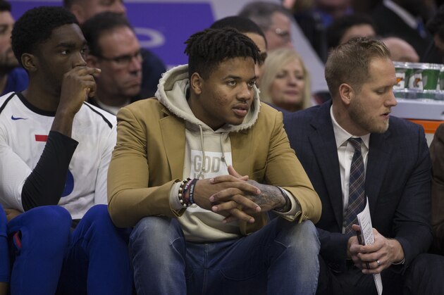 PHILADELPHIA, PA - NOVEMBER 23: Markelle Fultz #20 of the Philadelphia 76ers watches the game from the bench against the Cleveland Cavaliers at the Wells Fargo Center on November 23, 2018 in Philadelphia, Pennsylvania. NOTE TO USER: User expressly acknowledges and agrees that, by downloading and or using this photograph, User is consenting to the terms and conditions of the Getty Images License Agreement. (Photo by Mitchell Leff/Getty Images)
