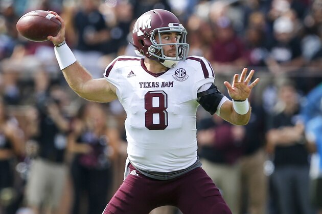 STARKVILLE, MS - NOVEMBER 5:  Quarterback Trevor Knight #8 of the Texas A&M Aggies throws a pass during the first half of an NCAA college football game against the Mississippi State Bulldogs at Davis Wade Stadium on November 5, 2016 in Starkville, Mississippi. (Photo by Butch Dill/Getty Images)